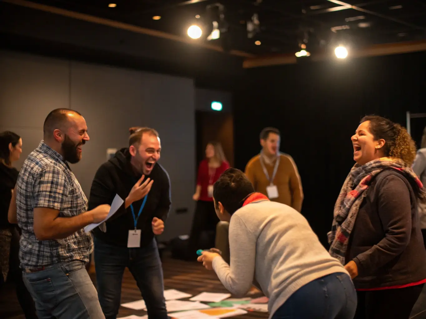 A professional workshop setting with participants actively engaged in a team-building exercise, reflecting the collaborative nature of the 'Leadership Development' module.