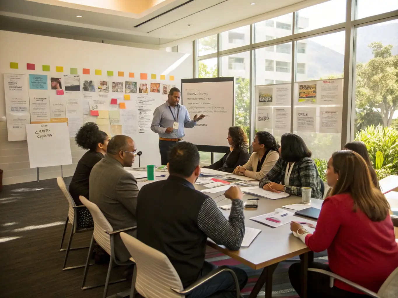 A professional development workshop in progress, with participants actively engaged in a group activity, showcasing teamwork and problem-solving skills.