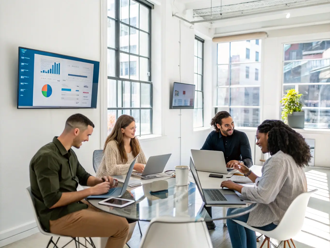An image of a modern Indian office setting, with employees collaborating on a project using digital tools and innovative strategies.