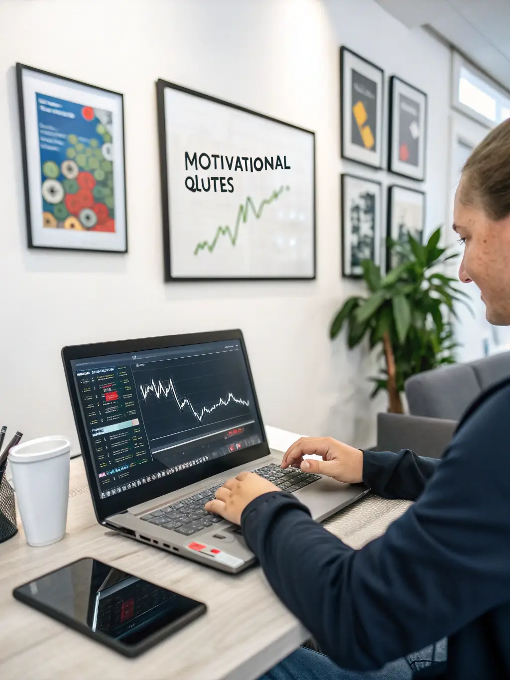 A focused individual working on a laptop, surrounded by charts and graphs, representing data analysis and strategic decision-making skills acquired through the training program.