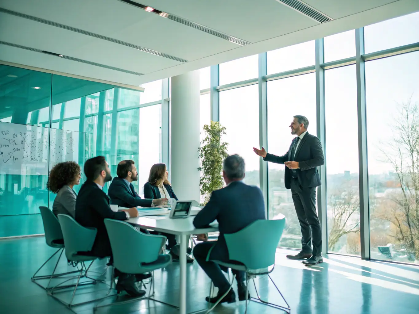 A confident leader addressing a team, demonstrating strong communication and decision-making skills in a business setting.